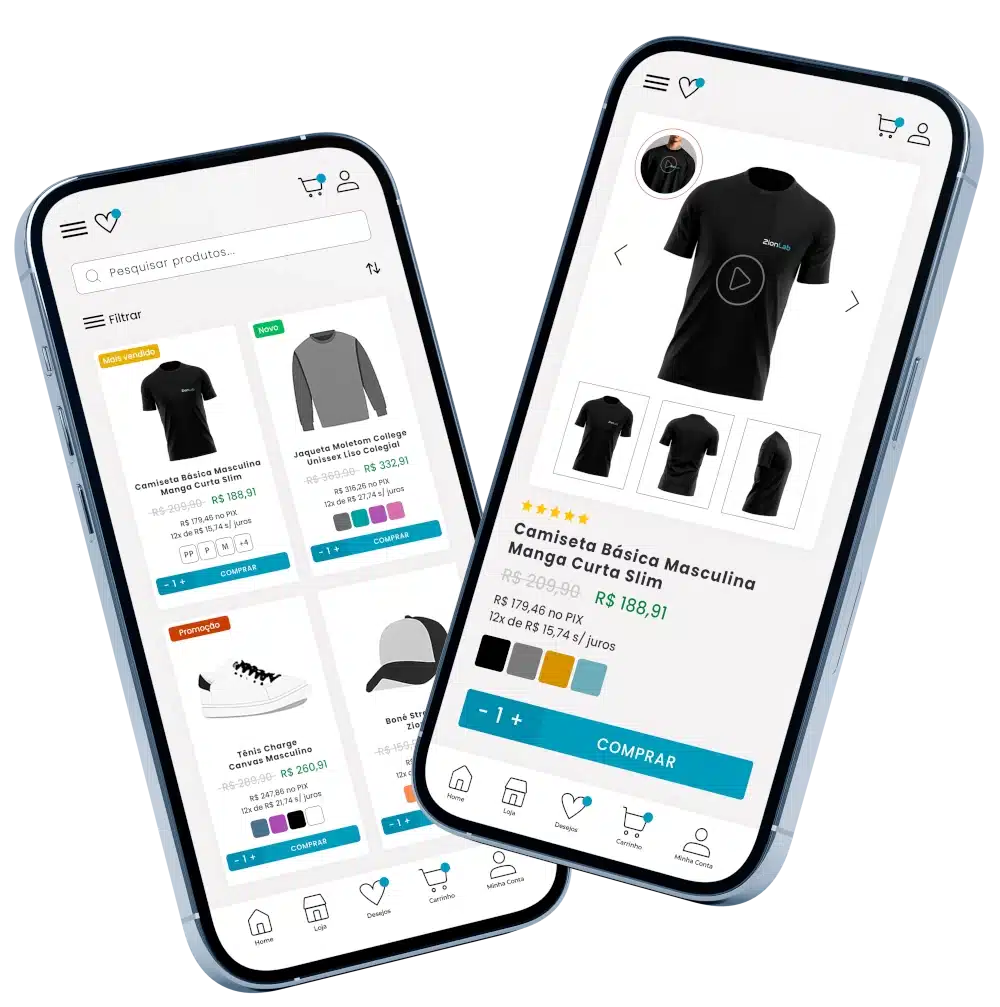 Interface de loja virtual em celulares ilustrando soluções WordPress & WooCommerce da ZionLab.