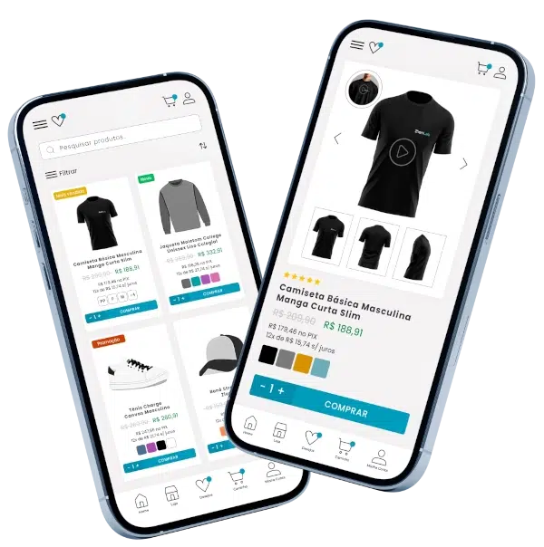 Interface de loja virtual em celulares ilustrando soluções WordPress & WooCommerce da ZionLab.