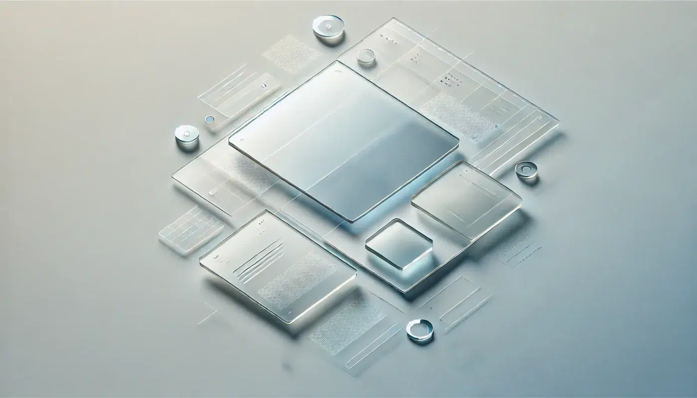 Interface abstrata com glass funcional, camadas translúcidas sutis e fundo em azul claro, representando o design sofisticado e silencioso da ZionLab