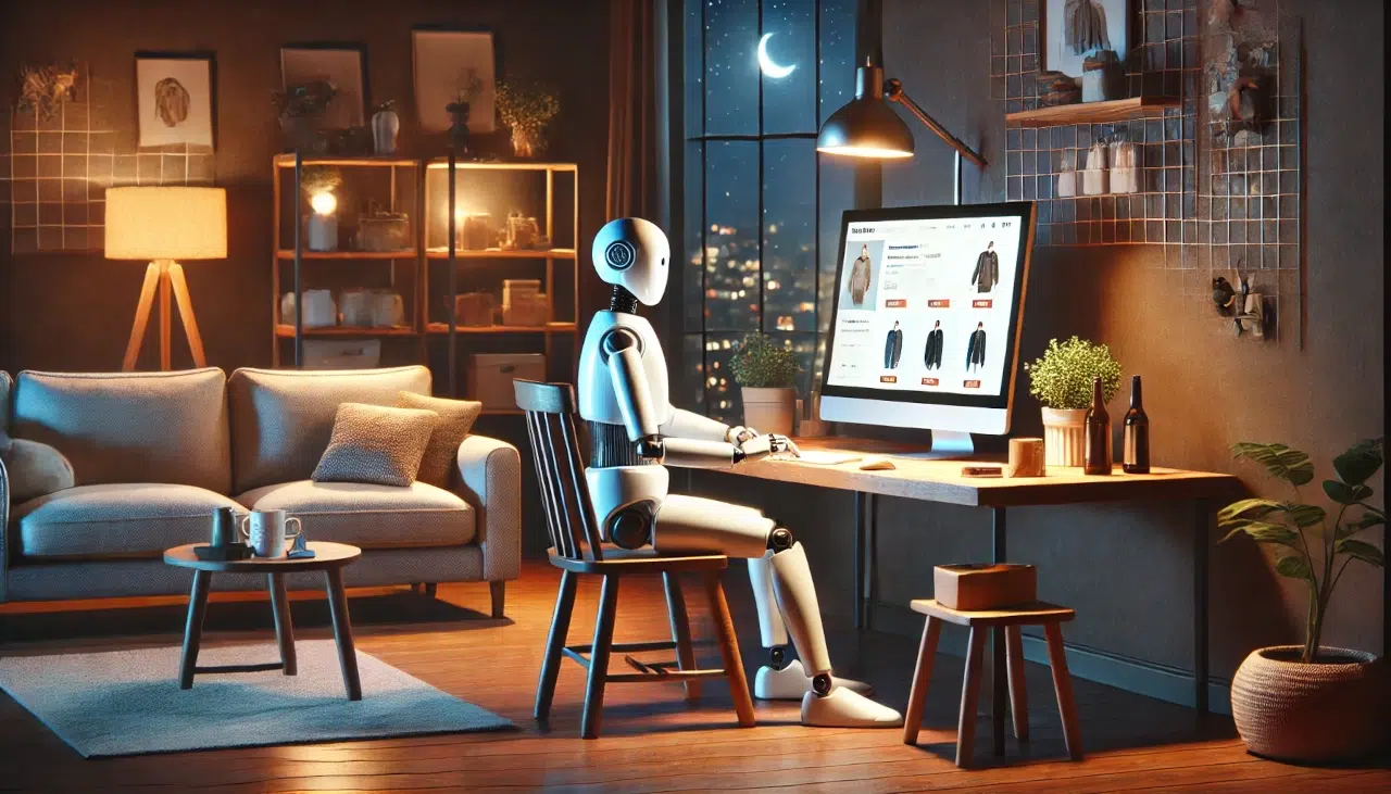 Ilustração conceitual de inteligência artificial automatizando compras no e-commerce com fluxos seguros de pagamento e decisão.