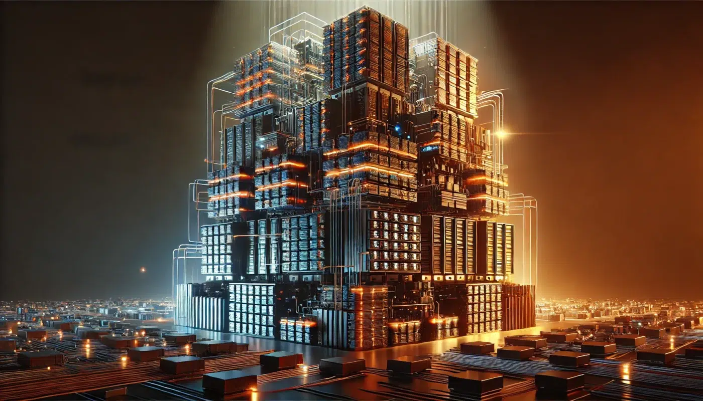 Ilustração editorial representando software pesado e a consolidação do mercado digital.