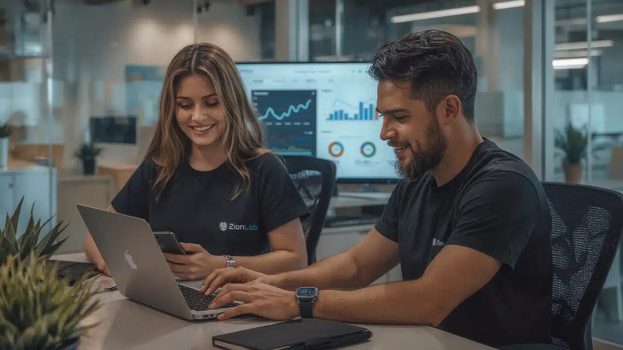 Equipe da ZionLab, melhor agência WordPress e WooCommerce, analisando performance digital e crescimento de projetos