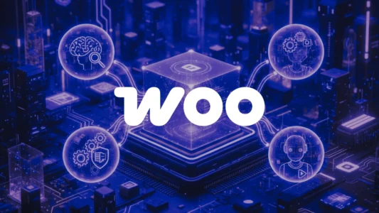 Ilustração 3D de um núcleo de processamento ametista conectando ícones de carrinho de e-commerce e inteligência artificial, representando a infraestrutura de um agente autônomo no WooCommerce.