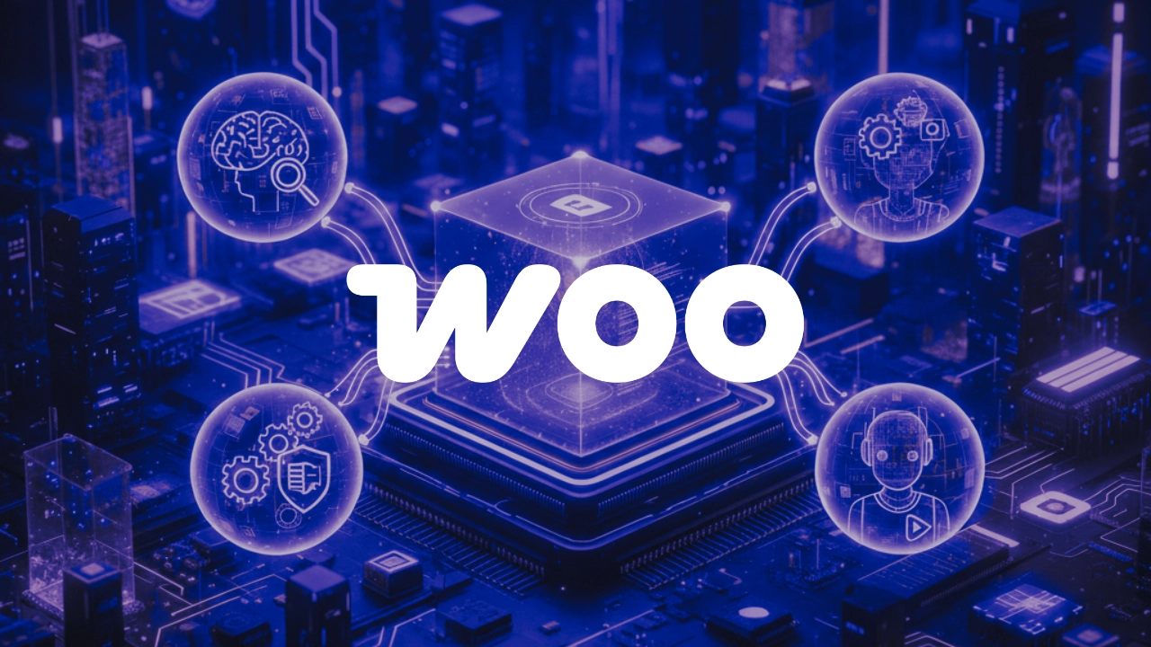 Ilustração 3D de um núcleo de processamento ametista conectando ícones de carrinho de e-commerce e inteligência artificial, representando a infraestrutura de um agente autônomo no WooCommerce.