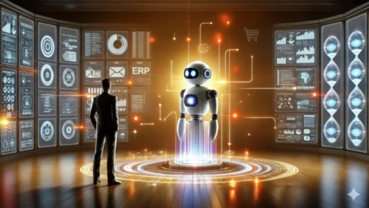 Diagrama de arquitetura mostrando um agente de IA com RAG integrado ao WordPress, conectando CRM, ERP e sistemas de automação empresarial.