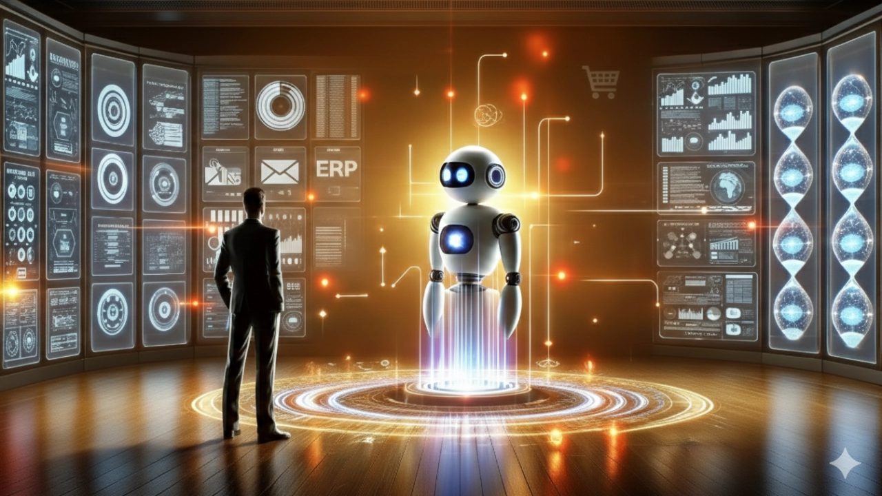 Diagrama de arquitetura mostrando um agente de IA com RAG integrado ao WordPress, conectando CRM, ERP e sistemas de automação empresarial.