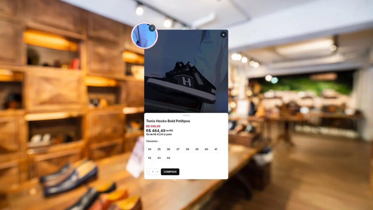 Interface de Video Commerce para WordPress e WooCommerce com vídeo interativo apresentando produto em uma vitrine digital imersiva desenvolvida pela ZionLab