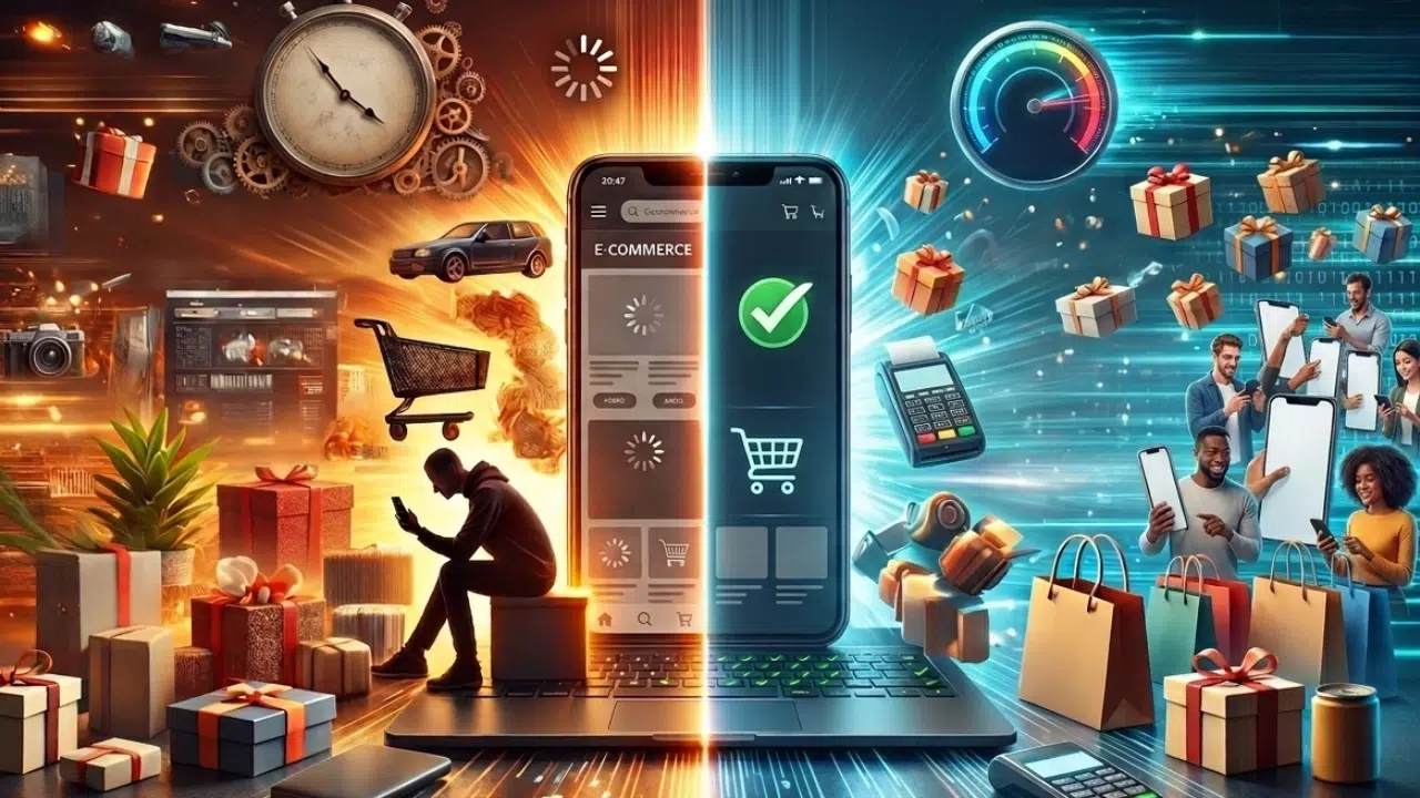 Comparação entre loja virtual lenta e loja virtual rápida, mostrando usuário frustrado em site com baixa performance e usuário concluindo compra em site otimizado