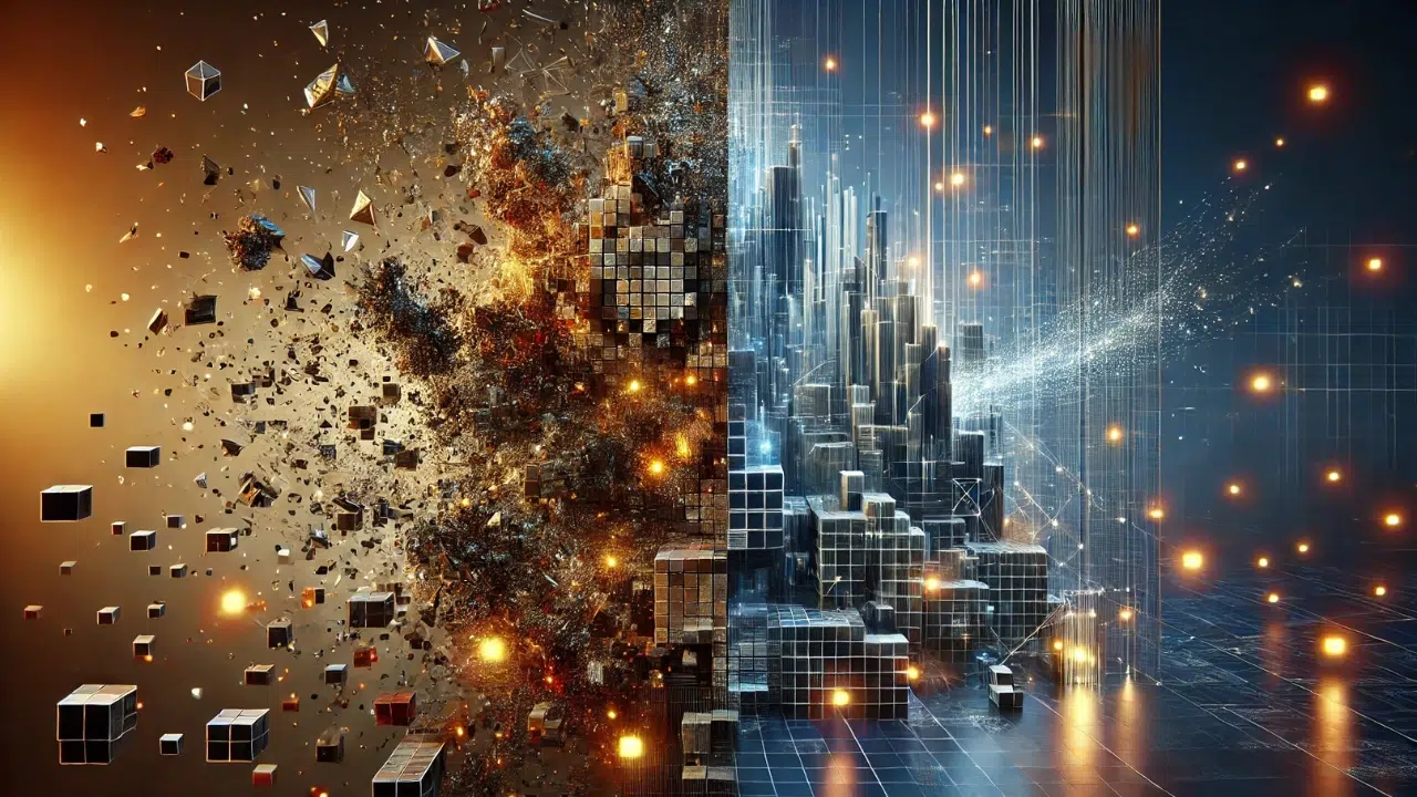 Comparacao entre conteudo fragmentado e estrutura digital organizada representando evolucao do seo na era da inteligencia artificial