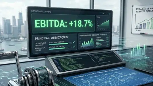 Gráfico de e-commerce mostrando faturamento em alta e lucro (EBITDA) em queda, representando perda de margem e ineficiência operacional