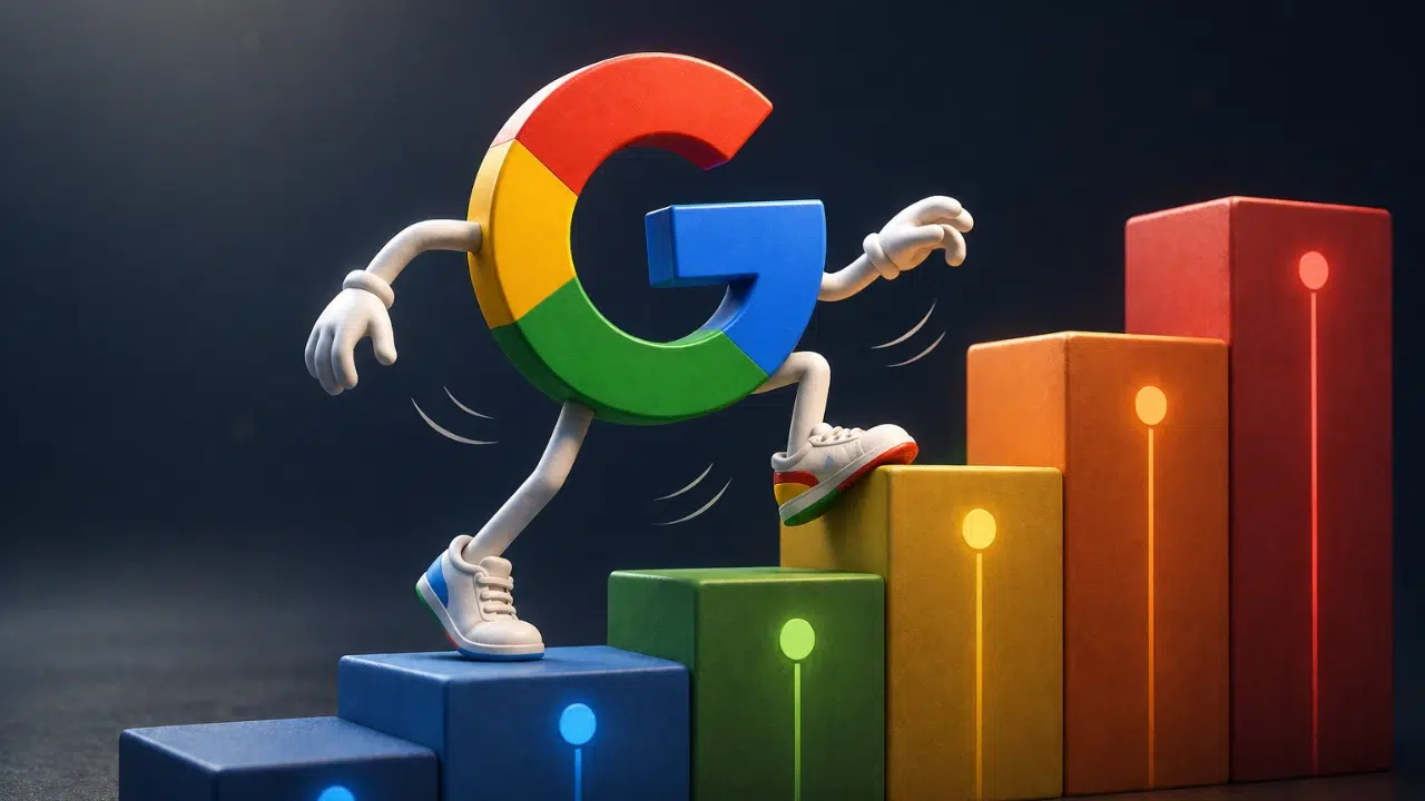 Ilustração conceitual do Google Dance com ícone colorido subindo e descendo degraus representando variação de ranking no SEO