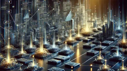 Estrutura digital representando inteligencia artificial avaliando e recomendando sites com base em dados, contexto, conexoes e sinais de comportamento