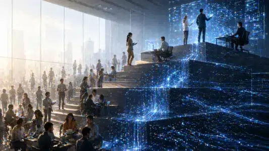 Representação visual do impacto da inteligência artificial no mercado de trabalho com redução de funções e automação de tarefas