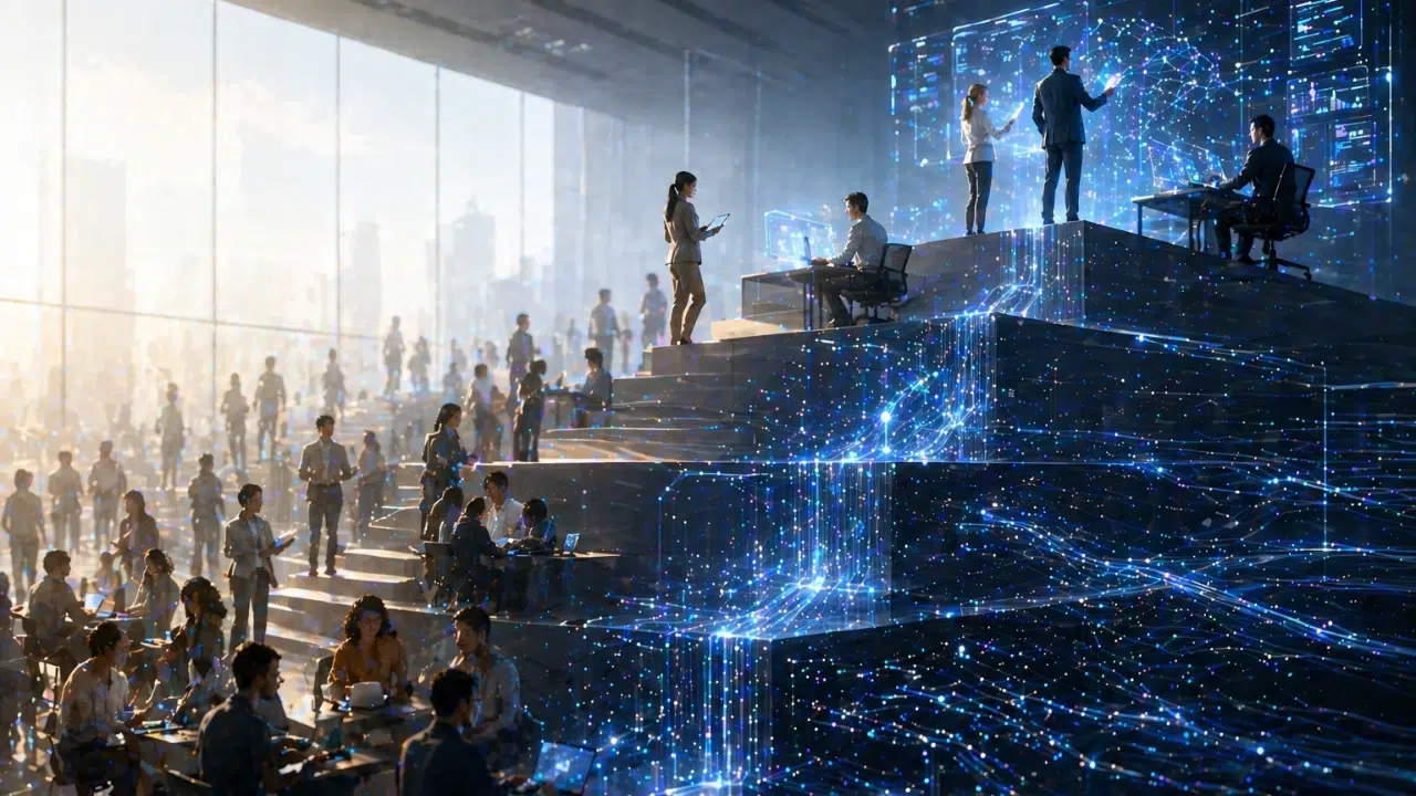 Representação visual do impacto da inteligência artificial no mercado de trabalho com redução de funções e automação de tarefas