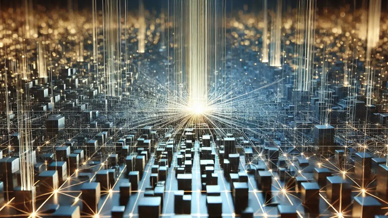 Estrutura digital com centro de alta relevancia representando information gain e diferenca de conteudo no seo moderno com inteligencia artificial