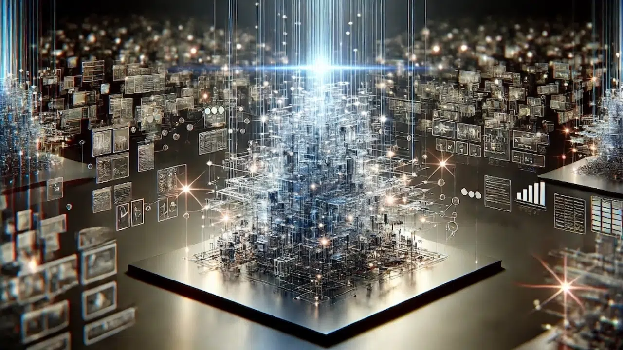 Estrutura digital complexa representando seo para ia, com conexões entre dados, entidades e contexto sendo interpretados por sistemas inteligentes