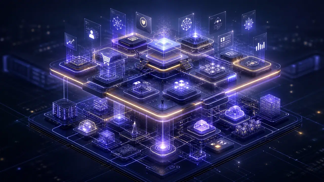 Arquitetura digital representando parceria técnica em e-commerce e construção de autonomia operacional.