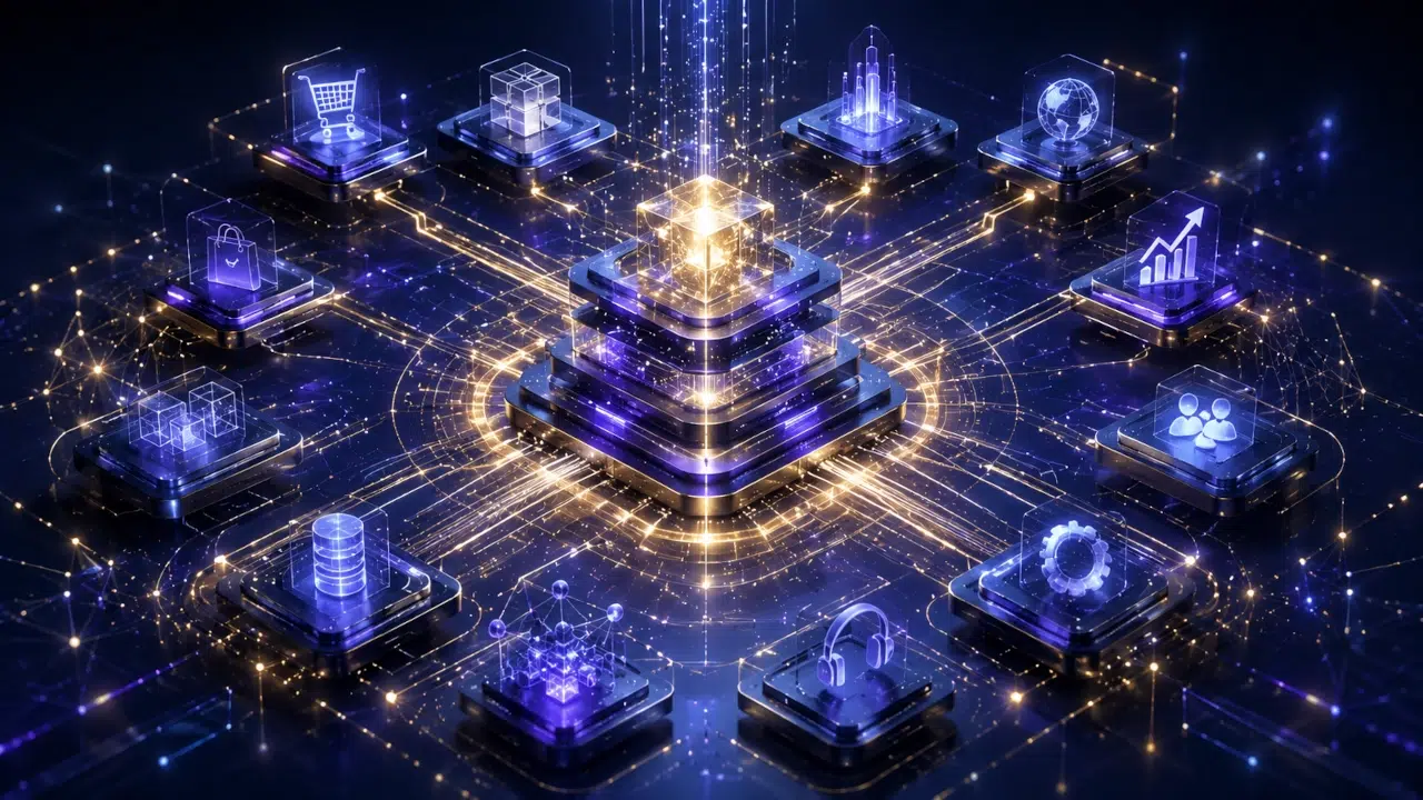 Empresa avaliando critérios para escolher a melhor agência de e-commerce, com camadas de SEO, WooCommerce, dados e integrações.