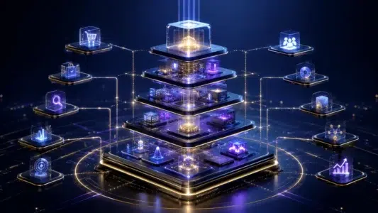 Estrutura de e-commerce em camadas mostrando fatores que influenciam o custo de contratar uma agência.