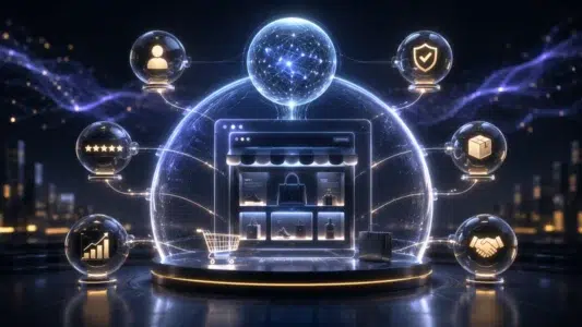 Confiança algorítmica com inteligência artificial analisando reputação, estrutura digital e autoridade de uma empresa.