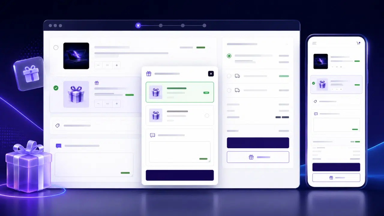 Embalagem para presente WooCommerce como produto real com estoque, mensagem personalizada e carrinho pelo Shop Pro.