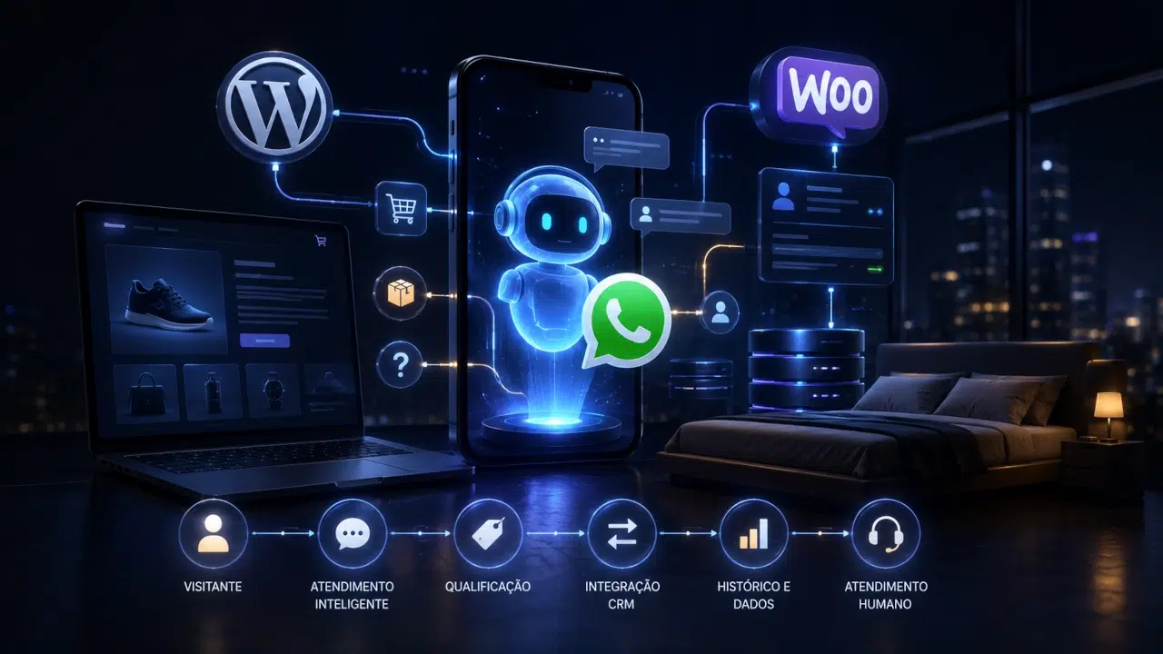IA no WhatsApp integrada ao WordPress e WooCommerce com Chatwoot, Evolution API, CRM e atendimento automatizado.