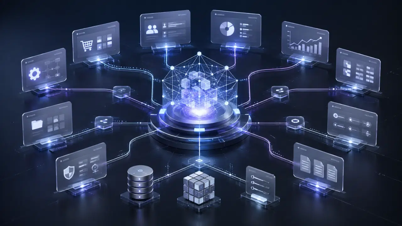 Engenharia de IA conectando inteligência artificial a ERP, CRM, e-commerce, dados, sistemas e processos empresariais.