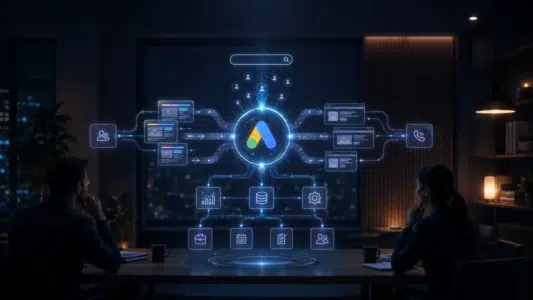 Google Ads para pequenas empresas conectado a pesquisa, landing page, tracking, atendimento e geração de oportunidades.