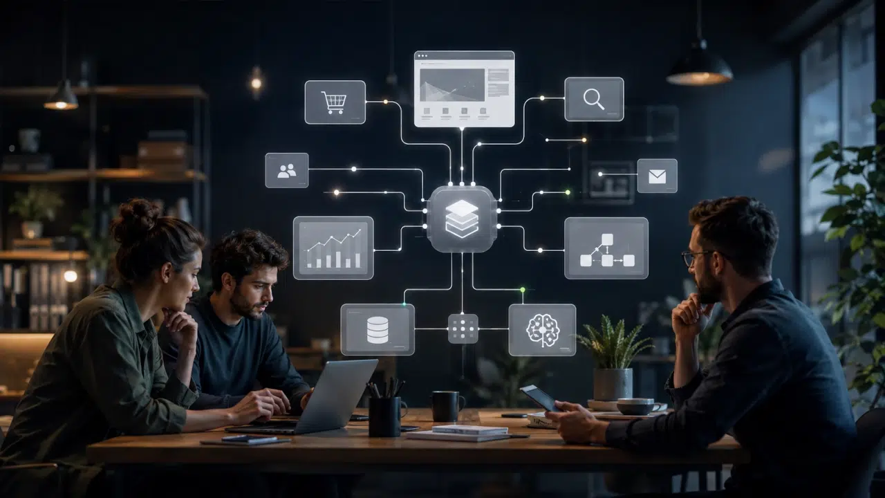 Tecnologia para pequenas empresas conectando site, e-commerce, dados, automação e inteligência artificial em uma estrutura digital organizada.