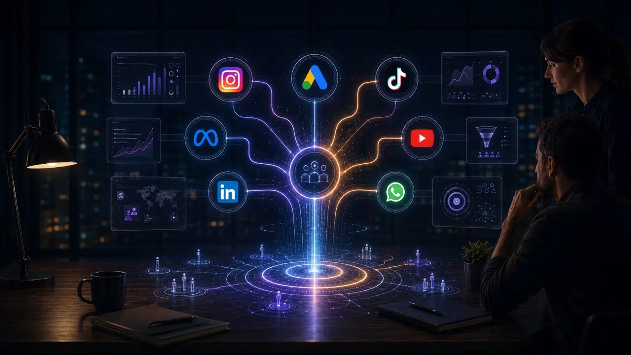 Tráfego pago para pequenas empresas com diferentes canais de anúncios conectados ao site, dados e geração de oportunidades.