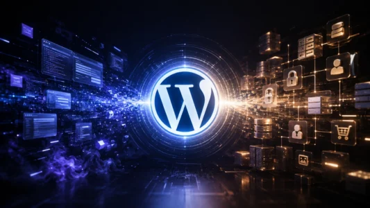 WordPress e inteligência artificial representados como uma infraestrutura digital integrada a conteúdo, comércio, tracking, dados, automações e agentes.