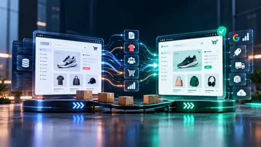 Migração de plataforma de e-commerce preservando SEO catálogo clientes pedidos dados e integrações