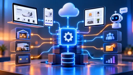 Arquitetura API First conectando site, aplicativo, CRM, ERP, inteligência artificial e sistemas digitais