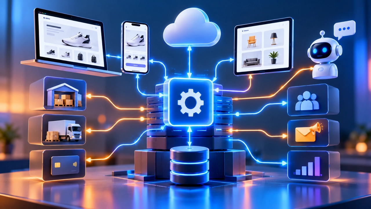Arquitetura API First conectando site, aplicativo, CRM, ERP, inteligência artificial e sistemas digitais