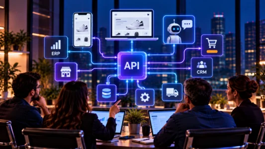 Arquitetura API First conectando site, aplicativo, CRM, ERP, inteligência artificial e sistemas digitais