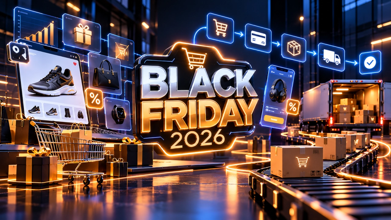 Black Friday 2026 com planejamento de e-commerce, promoções, estoque, pagamentos, logística e vendas online