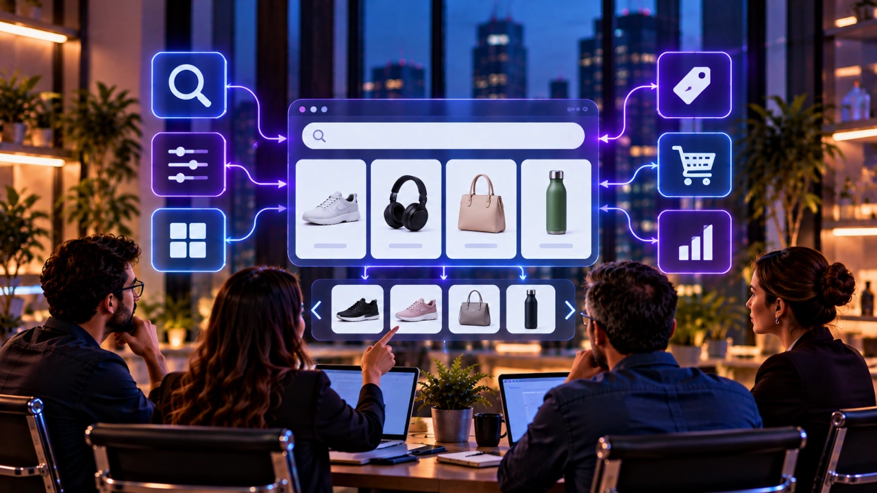 Busca interna e merchandising no e-commerce com pesquisa, filtros, ordenação e catálogo inteligente