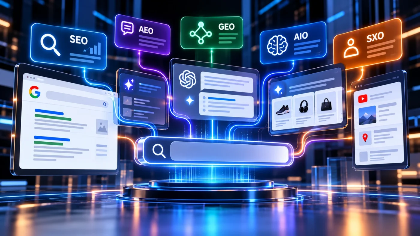 SEO, AEO, GEO, AIO e SXO conectados à autoridade digital, busca generativa, experiência e recomendações por inteligência artificial