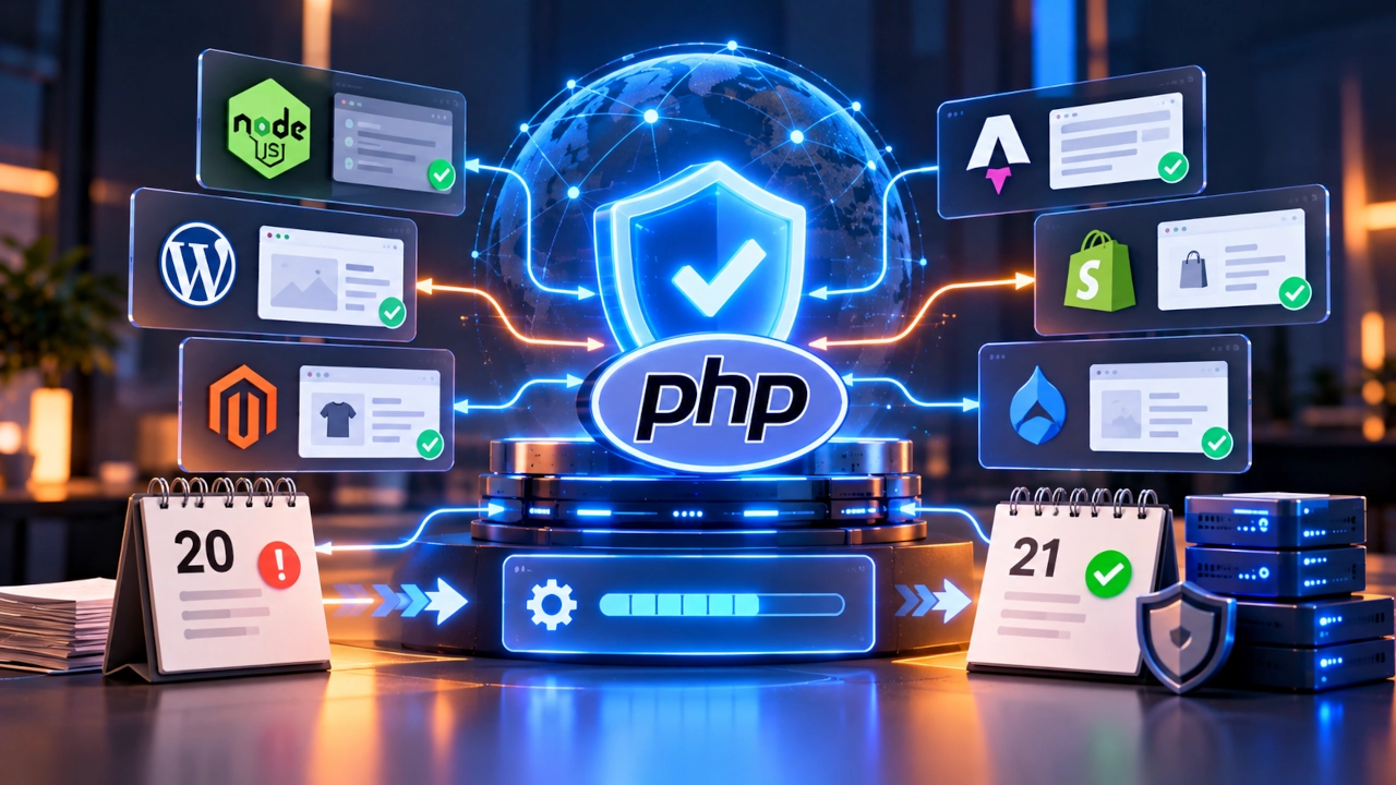 Ilustração sobre vulnerabilidades críticas no PHP, com escudo de segurança, plataformas digitais e correções de outubro de 2026